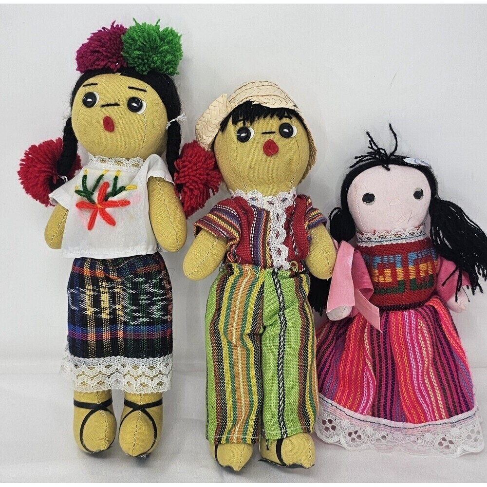 Vintage Lot Of 3 Handmade Guatamelan Worry Dolls 7"-10" Folk art